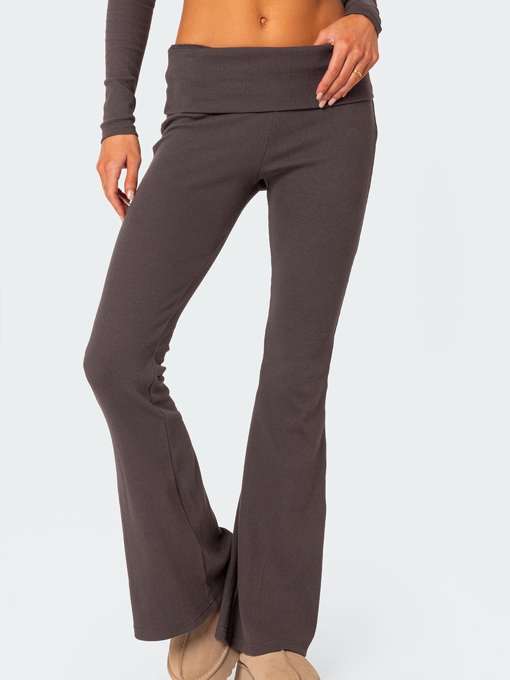 Edikted Dark Gray Ribbed Foldover Flare Pants XS